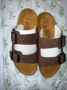 Naot Men's White & Brown Double Buckle Slide Sandals